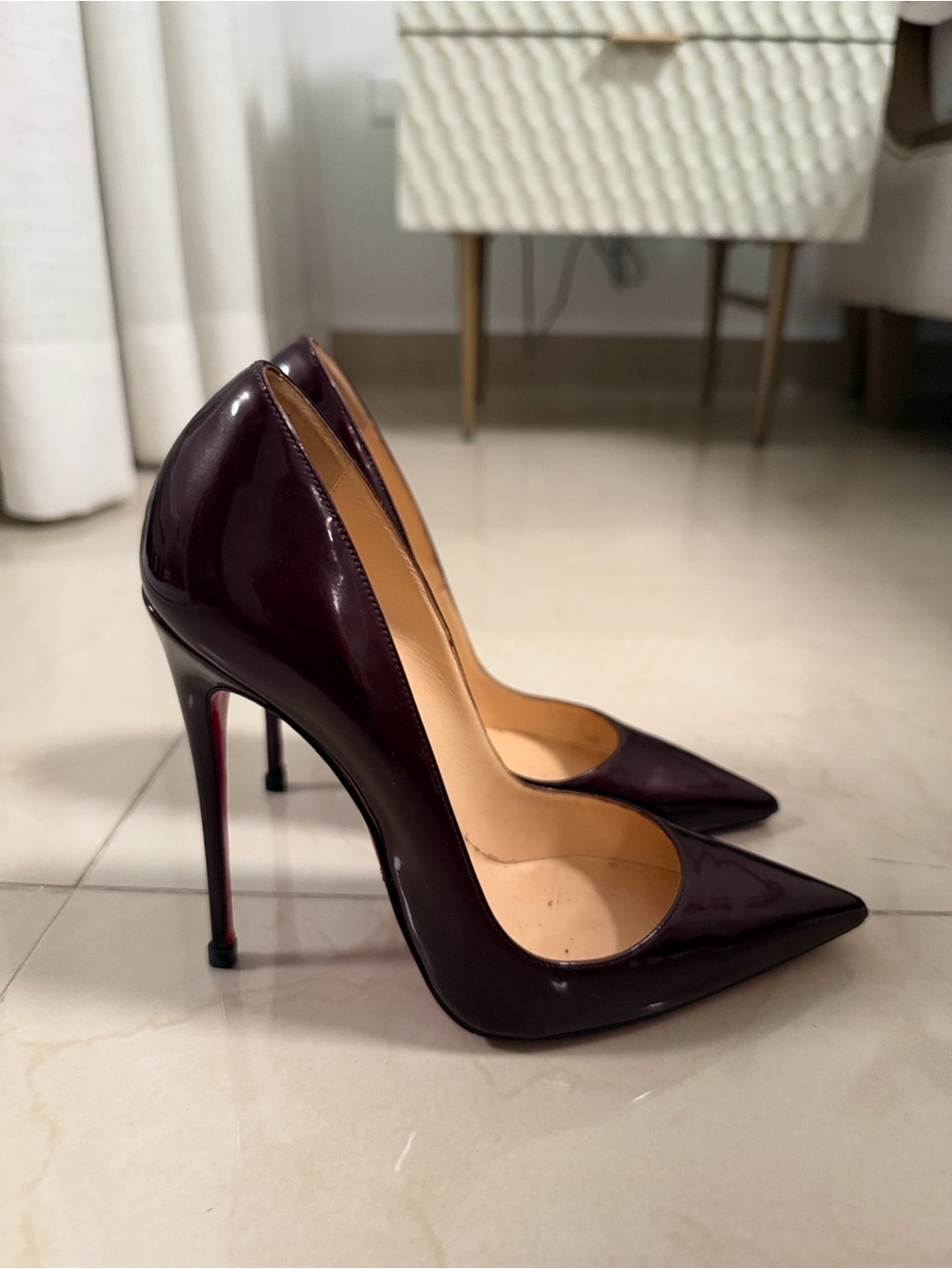 Christian Louboutin Dark Plum Patent Pointed Toe Stilettos